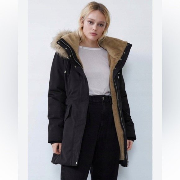 Zara Navy Puffer  Coat with Faux -fur / Water Repellent / size 26 - Picture 1 of 6